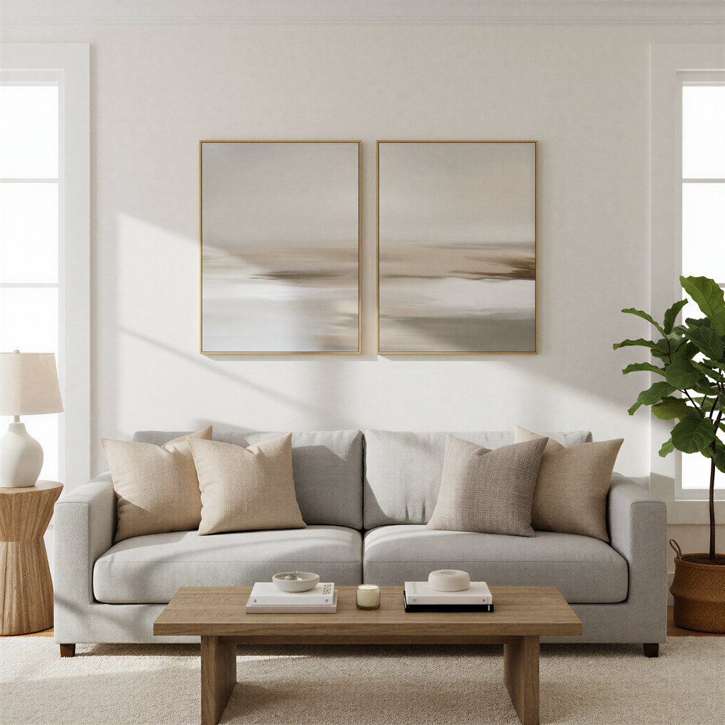 A modern living room featuring the Tranquil Shifts Set of 2 minimalist wall art above a light gray sofa, with neutral pillows, a wooden coffee table, potted plant, table lamp, and sunlight from large windows—ideal for contemporary decor.