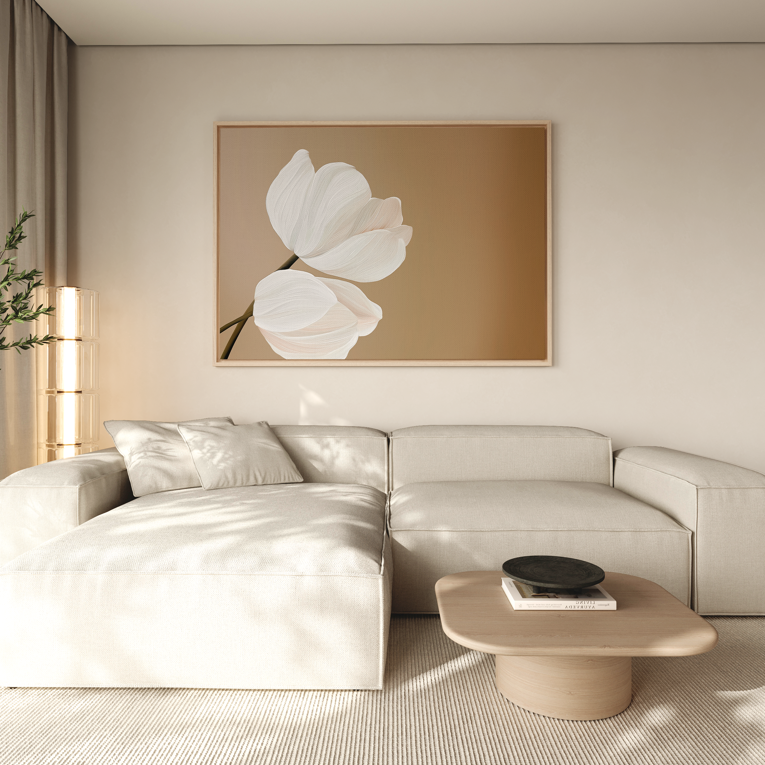A modern living room with a light beige sectional sofa, wooden coffee table, and the Tulips Abstract Canvas Art as minimalist wall decor. Natural light fills the space, highlighting the serene and contemporary feel.