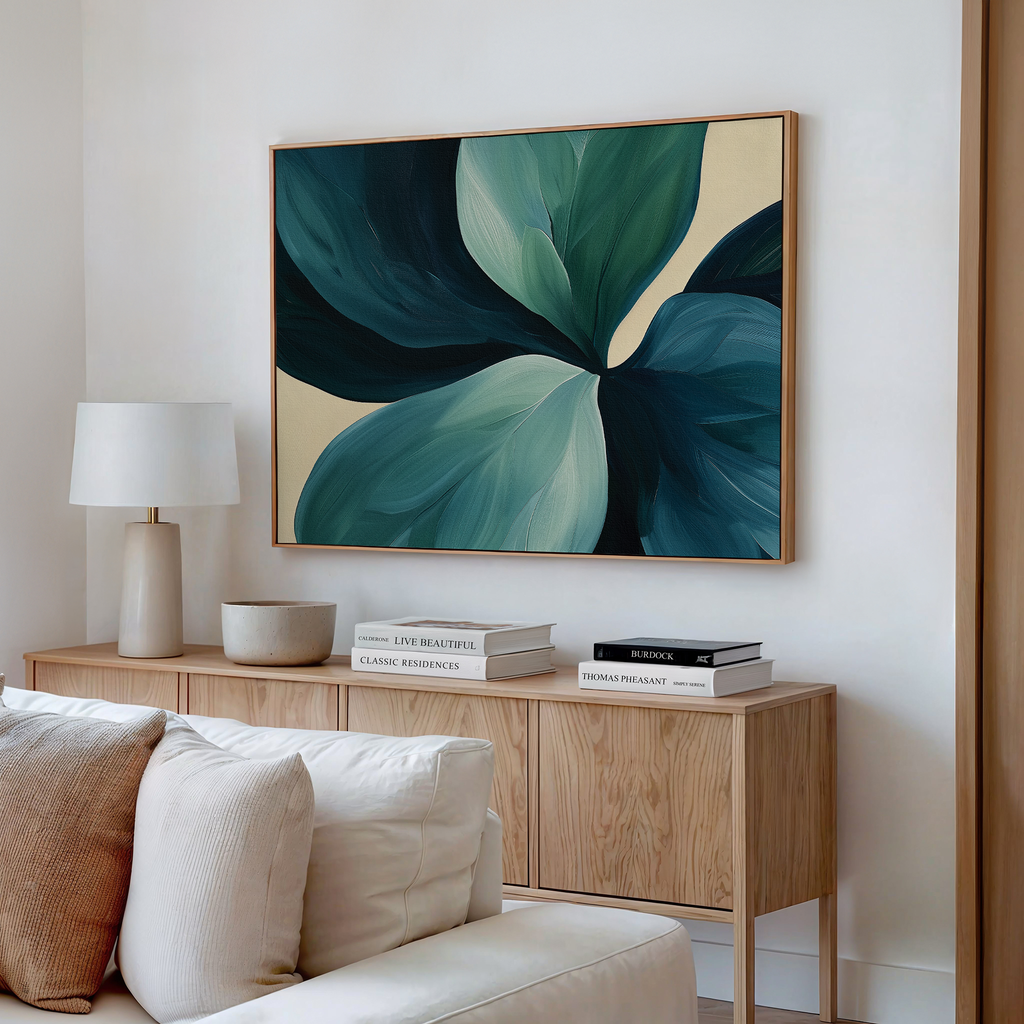 The Lush Teal Foliage Abstract Canvas Art is a striking piece that instantly elevates your living room decor.