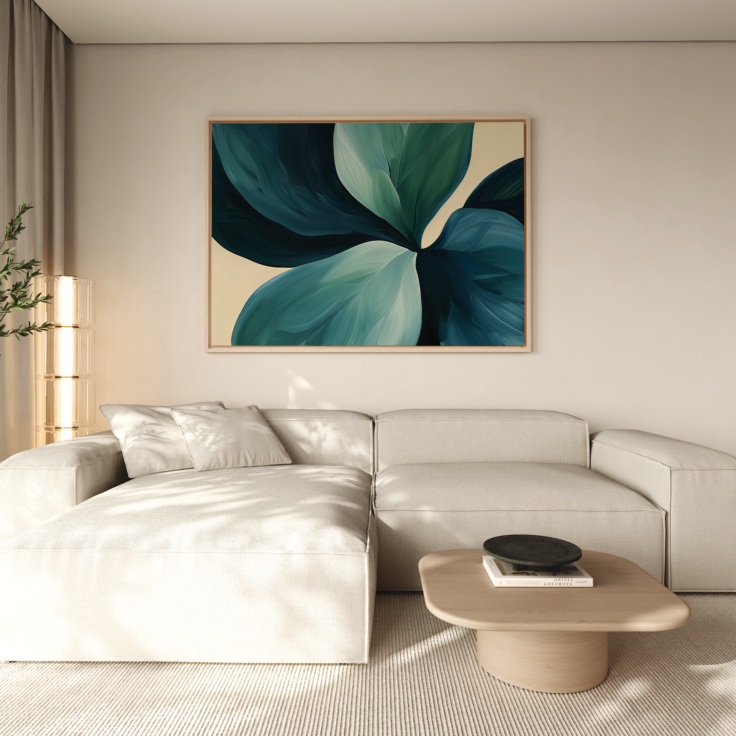A modern living room features a light beige sectional, wooden coffee table, and the Lush Teal Foliage Abstract Canvas Art with blue and green leaves above the sofa. Natural light enhances the contemporary decor.