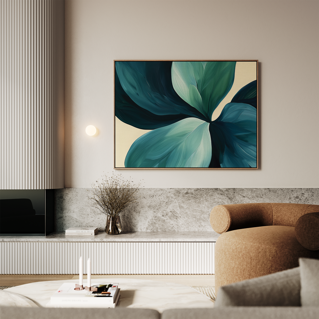 A modern living room with a beige sofa, marble surfaces, minimal decor, and the Lush Teal Foliage Abstract Canvas Art as bold wall art above a console table.