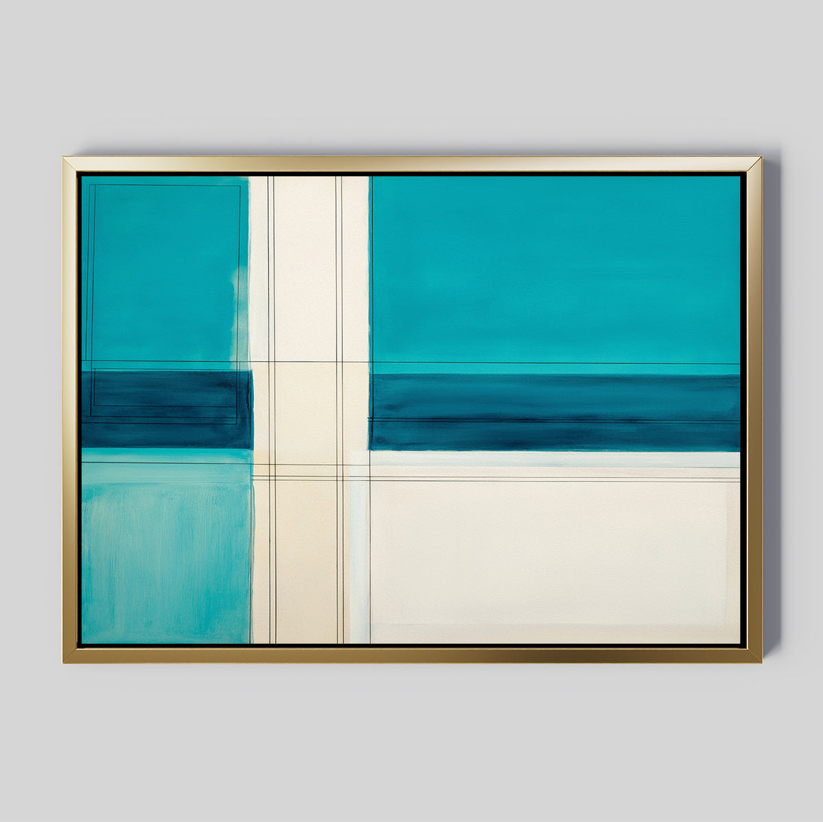 Turquoise Grid Canvas Art - Horizontal features bold geometric shapes in teal, blue, and cream with thin dividing lines and a gold frame—ideal for modern living rooms as turquoise and teal wall art against light gray walls.