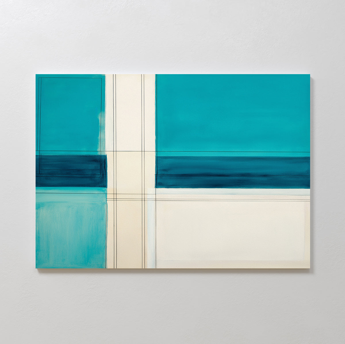 Turquoise Grid Canvas Art - Horizontal features bold turquoise and cream rectangles with thin tan lines forming a geometric grid on white—ideal contemporary abstract print or turquoise and teal wall art for modern living room decor.