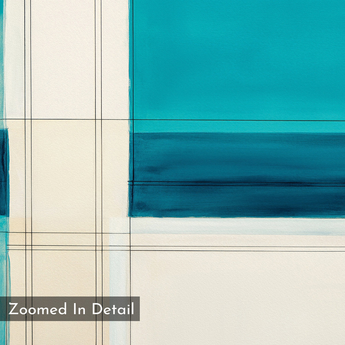Turquoise Grid Canvas Art - Horizontal features abstract turquoise and cream rectangles with black borders; modern detail includes "Zoomed In Detail" text in a gray box at the lower left, perfect for contemporary living room decor.