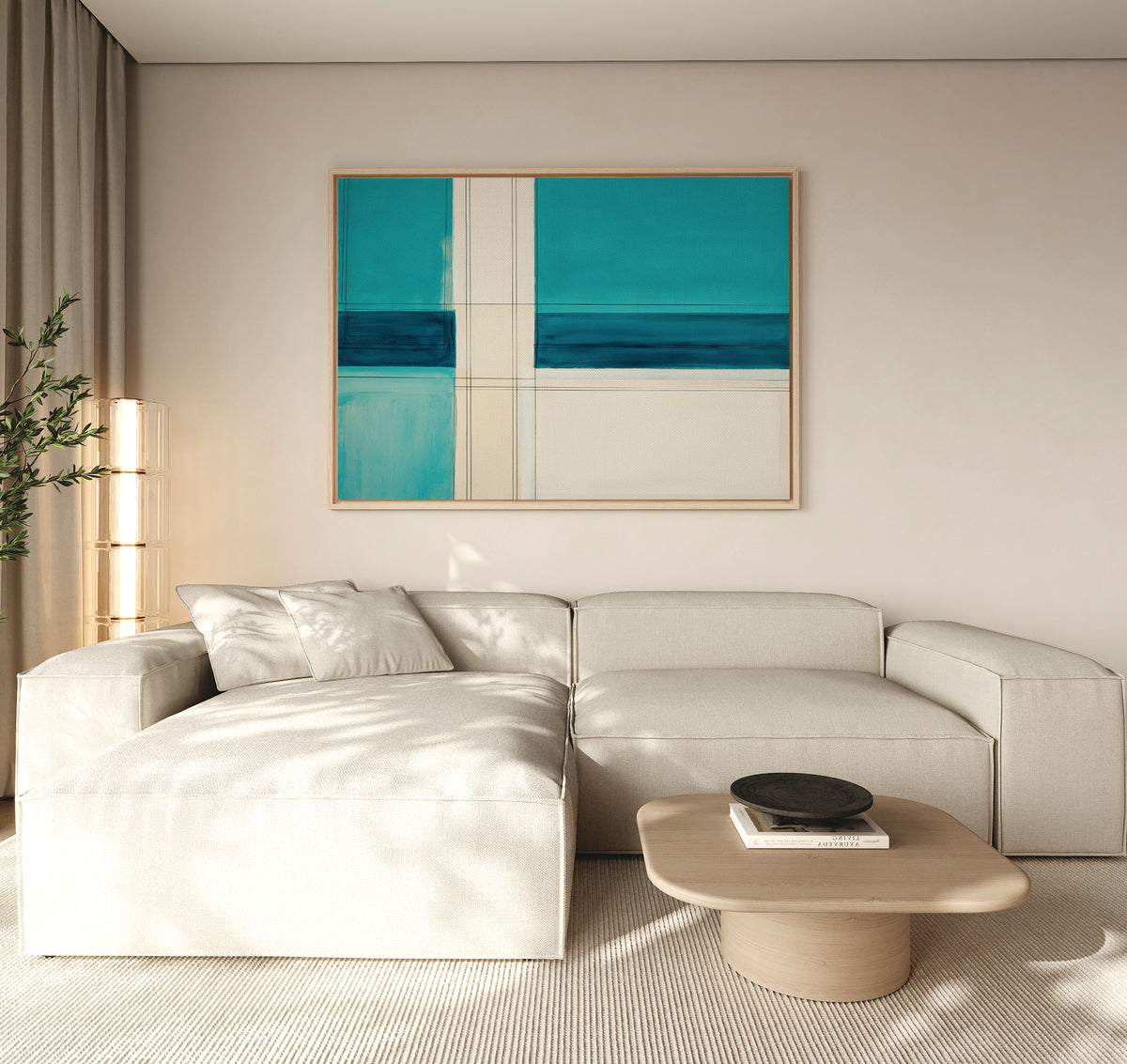 A modern living room featuring a light beige sectional, a low wooden coffee table with a black bowl, a tall plant, and the Turquoise Grid Canvas Art - Horizontal as contemporary abstract wall art above the sofa.