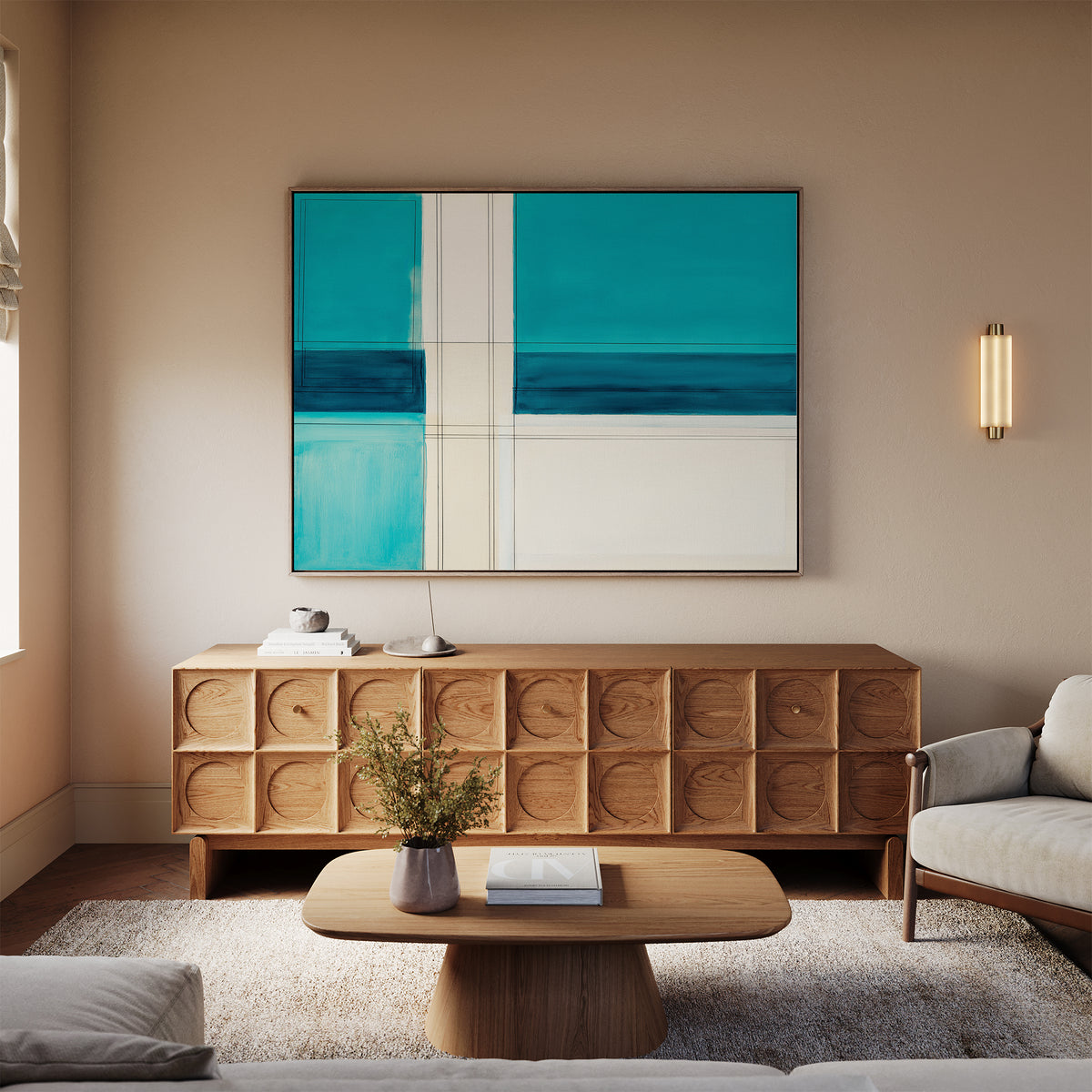 A modern living room with a light wood sideboard featuring circular patterns, a Turquoise Grid Canvas Art - Horizontal above it, a beige sofa, wooden coffee table, and soft rug on wooden floors—ideal for fans of modern home decor.