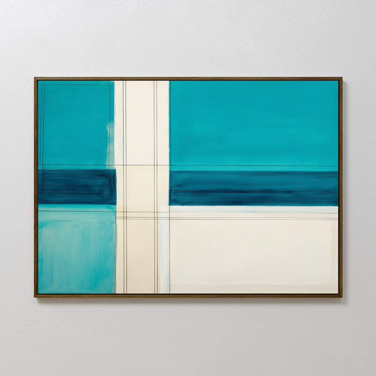 The Turquoise Grid Canvas Art - Horizontal features bold teal and blue rectangles intersected by thick cream lines on white, creating a striking geometric pattern. Framed in thin brown, it’s the perfect contemporary accent for modern living rooms.