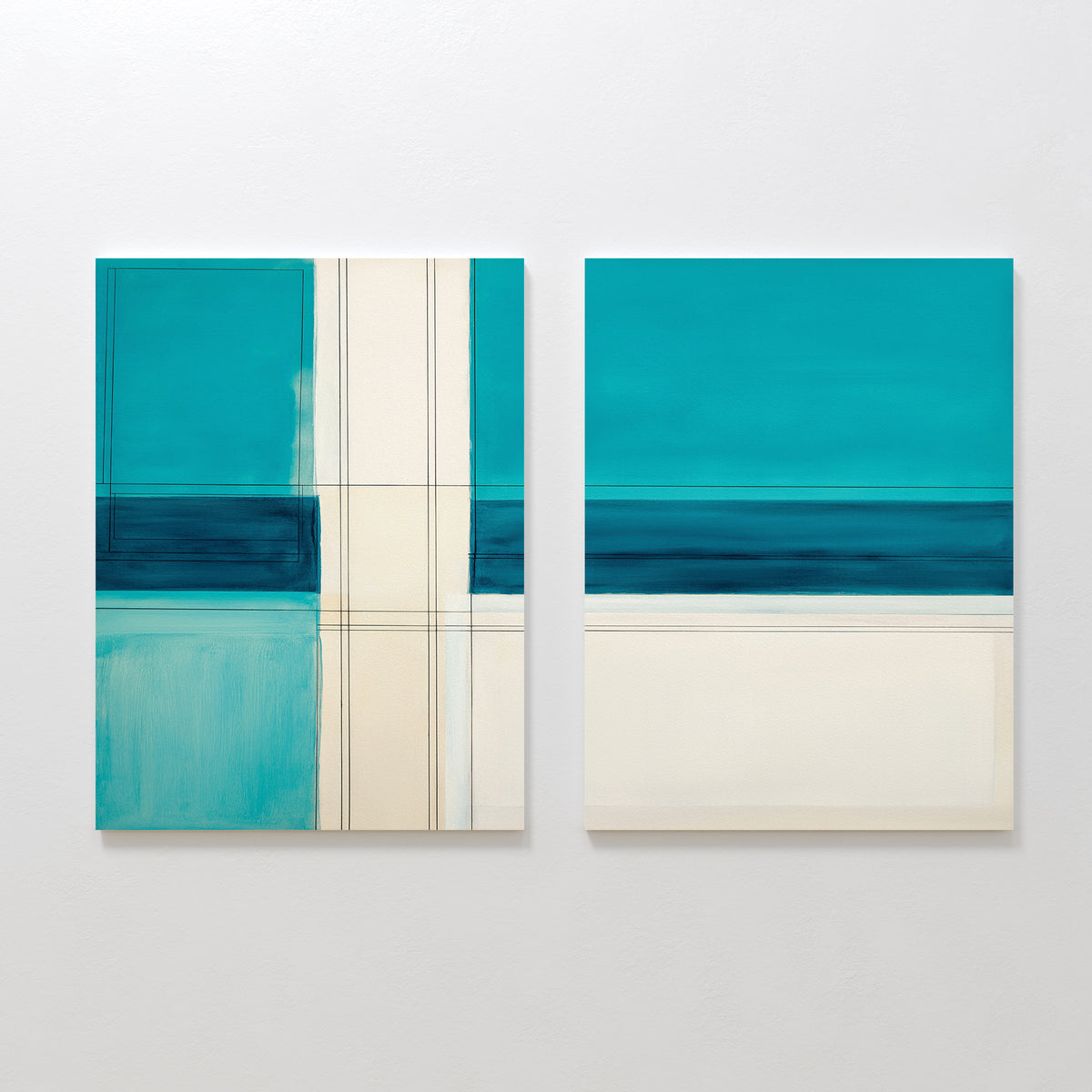 The Turquoise Grid - Set Of 2 features two minimalist abstract prints with bold geometric shapes in teal, blue, and off-white. Displayed side by side on a white wall, these contemporary pieces add a modern touch to any space.