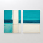 The Turquoise Grid - Set Of 2 features two minimalist abstract prints with bold geometric shapes in teal, blue, and off-white. Displayed side by side on a white wall, these contemporary pieces add a modern touch to any space.