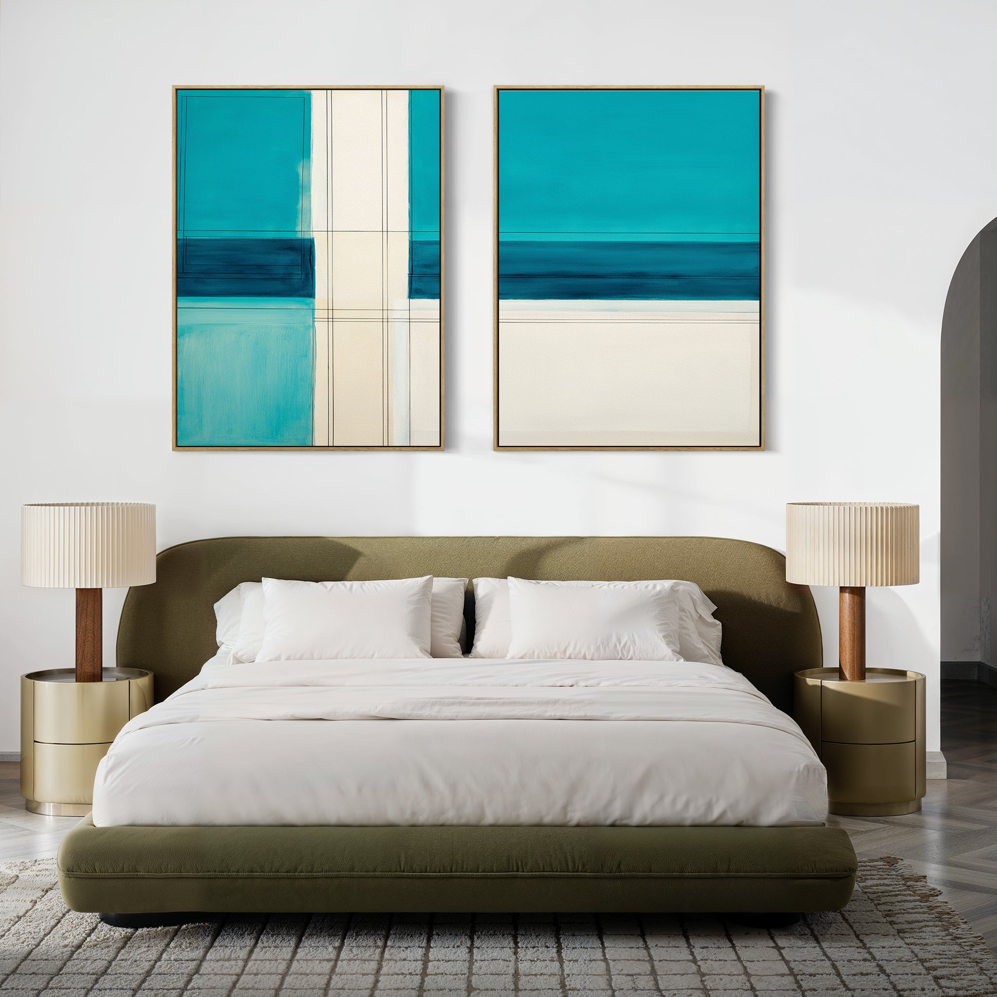 A modern bedroom featuring a green upholstered bed with white bedding, two beige nightstands with matching lamps, and the Turquoise Grid - Set Of 2 wall art pieces with abstract blue and cream designs above the bed.