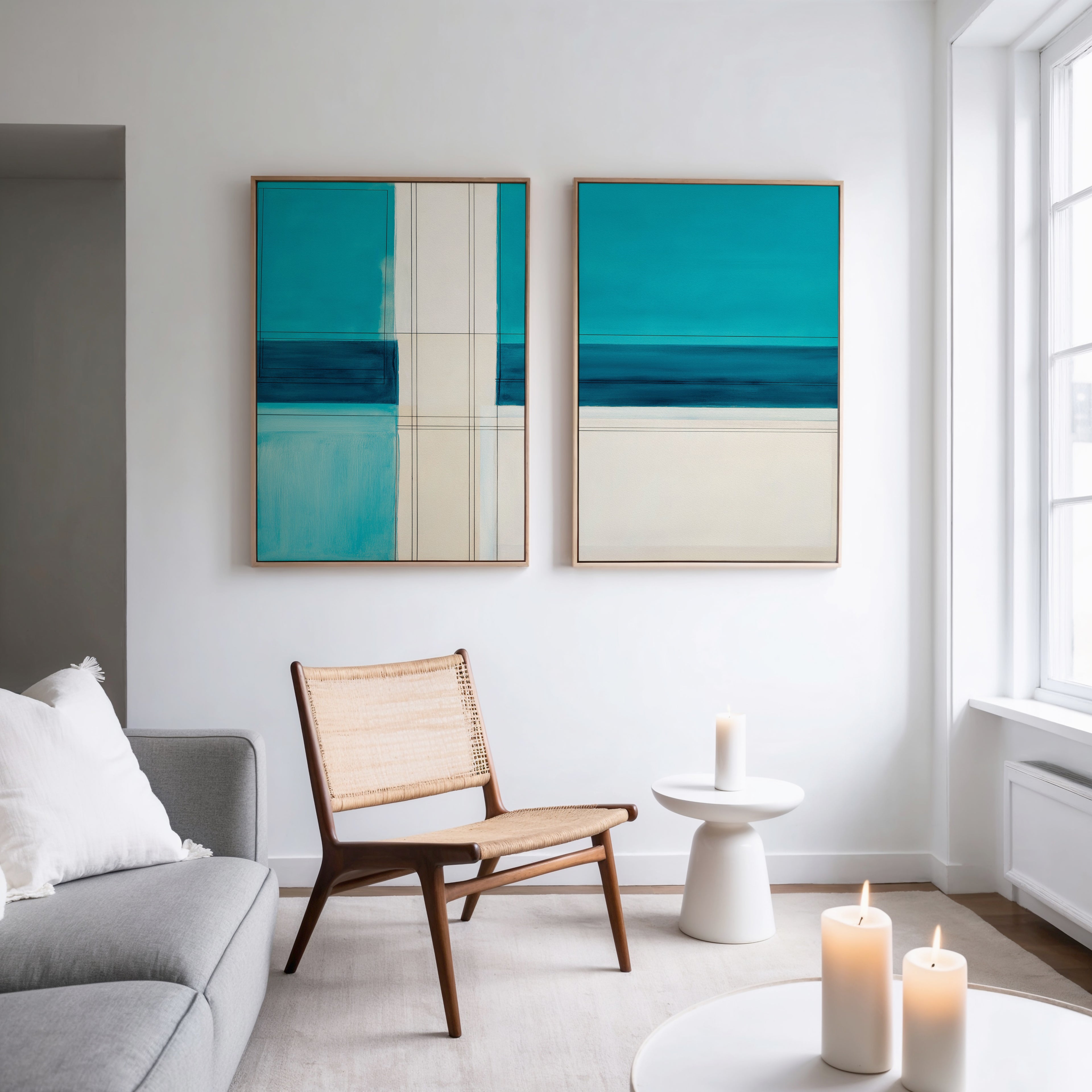A modern living room with a gray sofa, wooden chair, and round white side table with lit candles. Above the chair and table hang Turquoise Grid - Set Of 2 contemporary abstract prints. A large window fills the space with natural light.