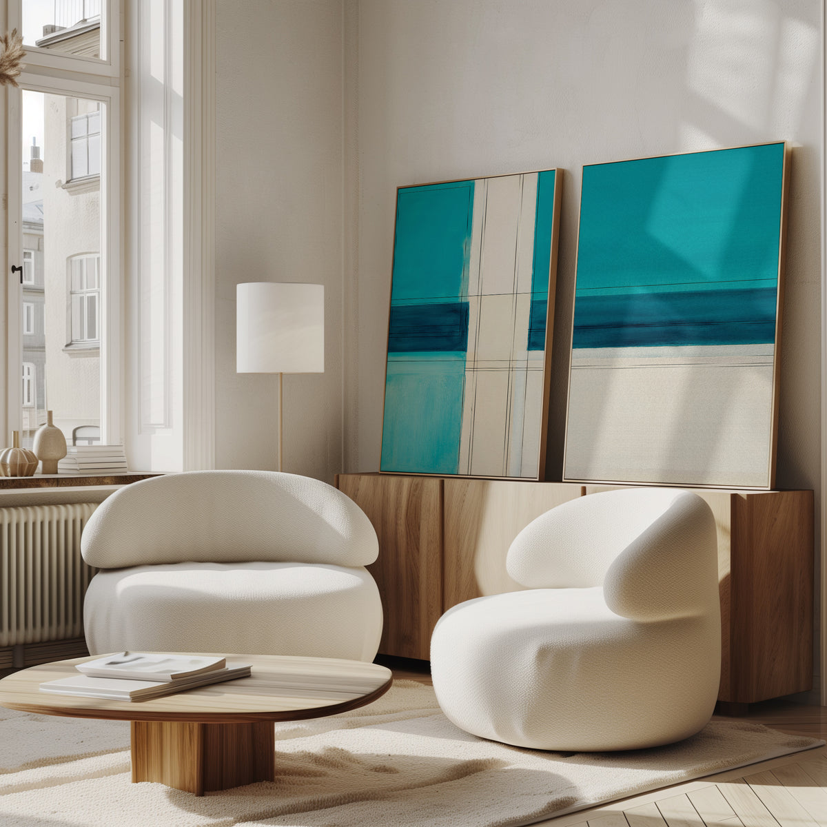 A modern living room features two white curved armchairs, a low wooden coffee table, and a sideboard displaying the Turquoise Grid - Set Of 2 wall art. Natural light from tall windows brightens the neutral space.
