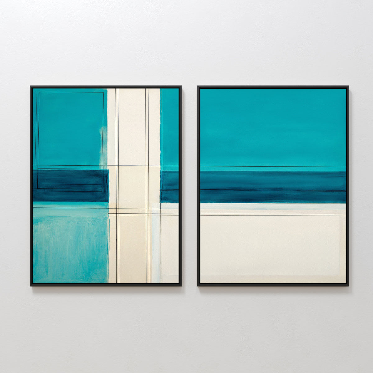 The Turquoise Grid - Set Of 2 features geometric abstract prints with teal, navy, and cream rectangles and lines in black frames. One print has intersecting lines; the other has horizontal color blocks—modern art for your wall.