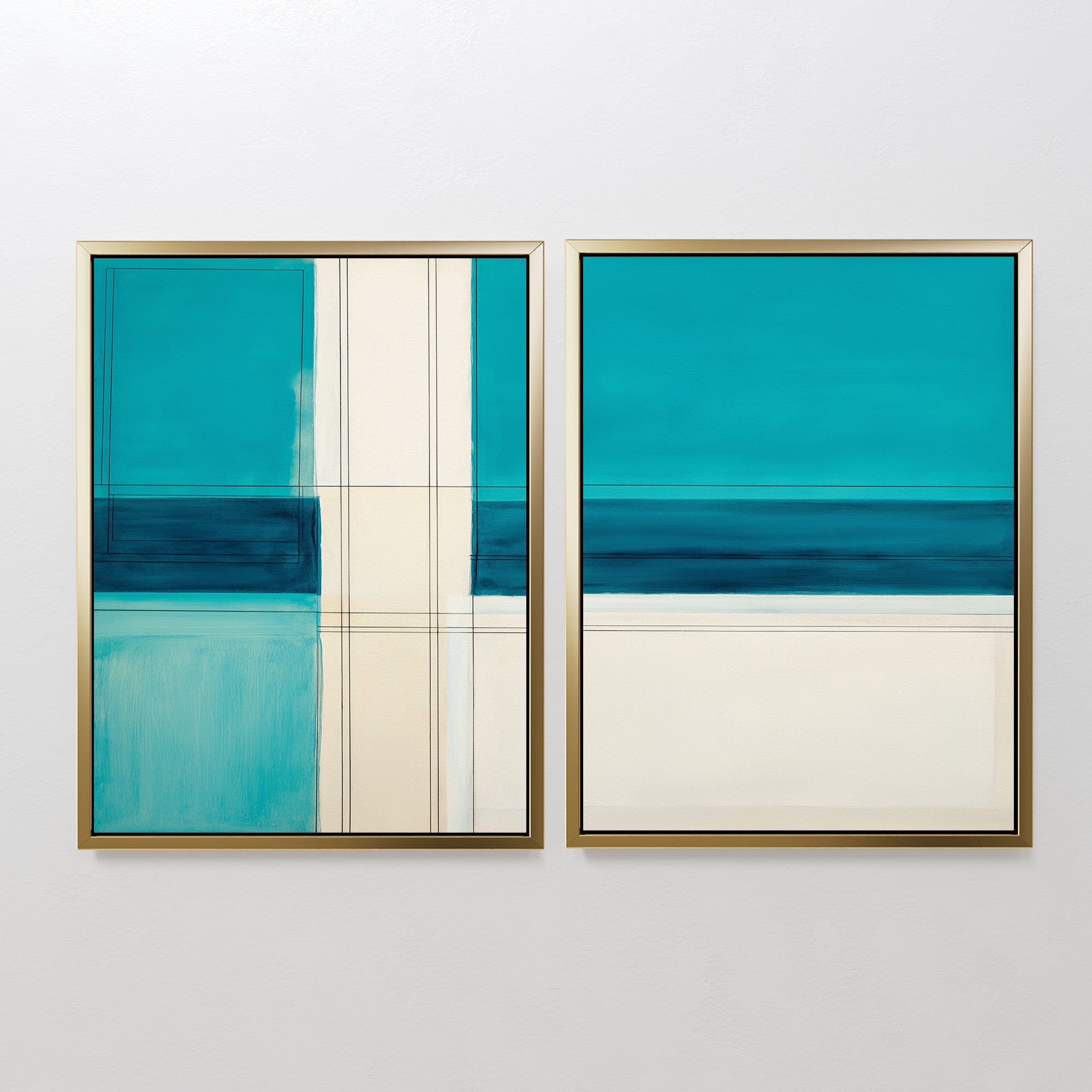 The Turquoise Grid - Set Of 2 features modern geometric art in gold frames, showcasing turquoise, blue, and cream shapes with horizontal lines and color blocks that evoke a serene seascape.