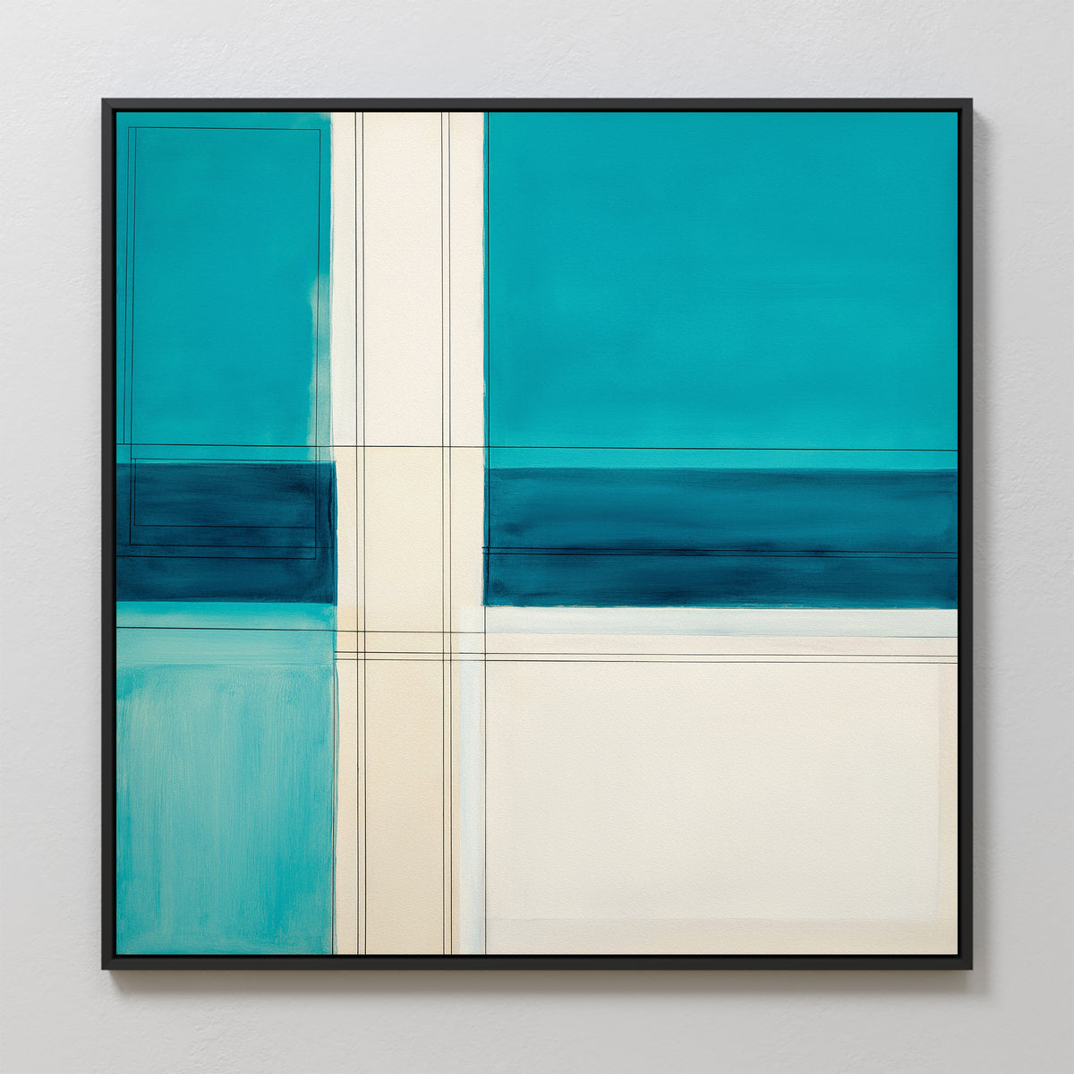 Turquoise Grid Canvas Art - Square features bold teal, cream, and blue geometric shapes with intersecting lines in a grid pattern. Framed in black, it's perfect as modern wall decor.