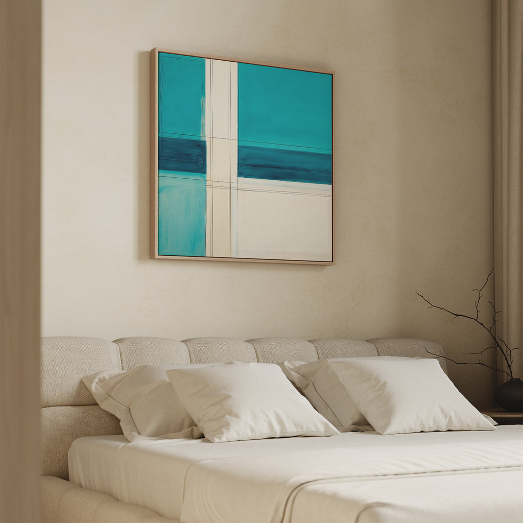 A modern bedroom with a beige upholstered bed, four white pillows, neutral bedding, and the Turquoise Grid Canvas Art - Square as a striking abstract print above the headboard. A bare branch adds minimalist charm to the bedside.
