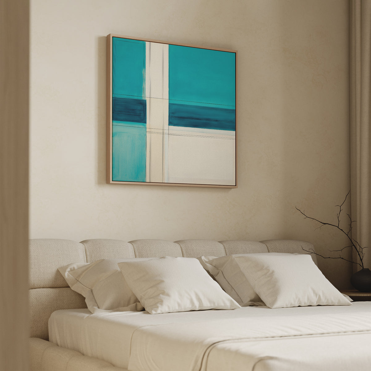 A modern bedroom with a beige upholstered bed, four white pillows, neutral bedding, and the Turquoise Grid Canvas Art - Square as a striking abstract print above the headboard. A bare branch adds minimalist charm to the bedside.