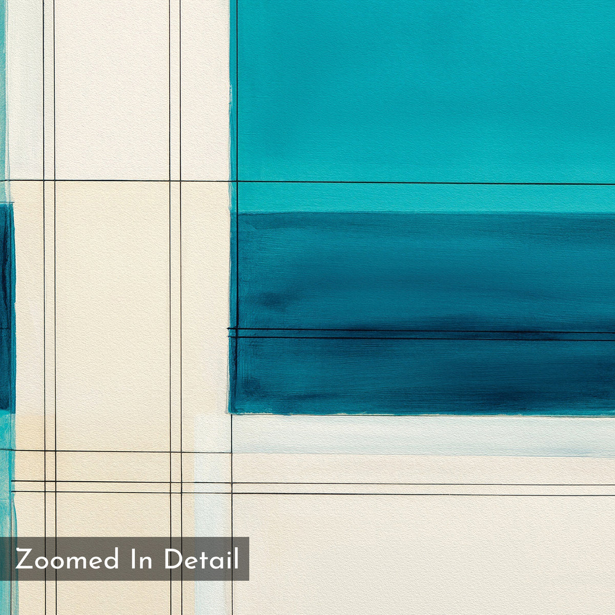 Turquoise Grid Canvas Art - Square features an abstract geometric design with rectangles and lines in teal, blue, and cream. Thin black lines form a grid-like pattern, making it perfect for modern wall decor. A "Zoomed In Detail" label appears in the lower left.