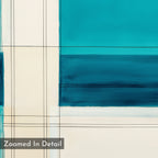 Turquoise Grid Canvas Art - Square features an abstract geometric design with rectangles and lines in teal, blue, and cream. Thin black lines form a grid-like pattern, making it perfect for modern wall decor. A "Zoomed In Detail" label appears in the lower left.