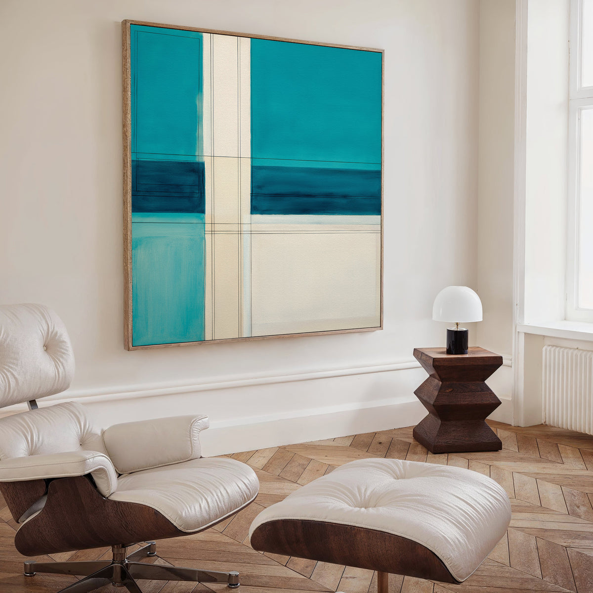A modern living room with a white leather lounge chair and ottoman, a geometric wooden side table with a white lamp, and Turquoise Grid Canvas Art - Square as stylish contemporary wall decor.