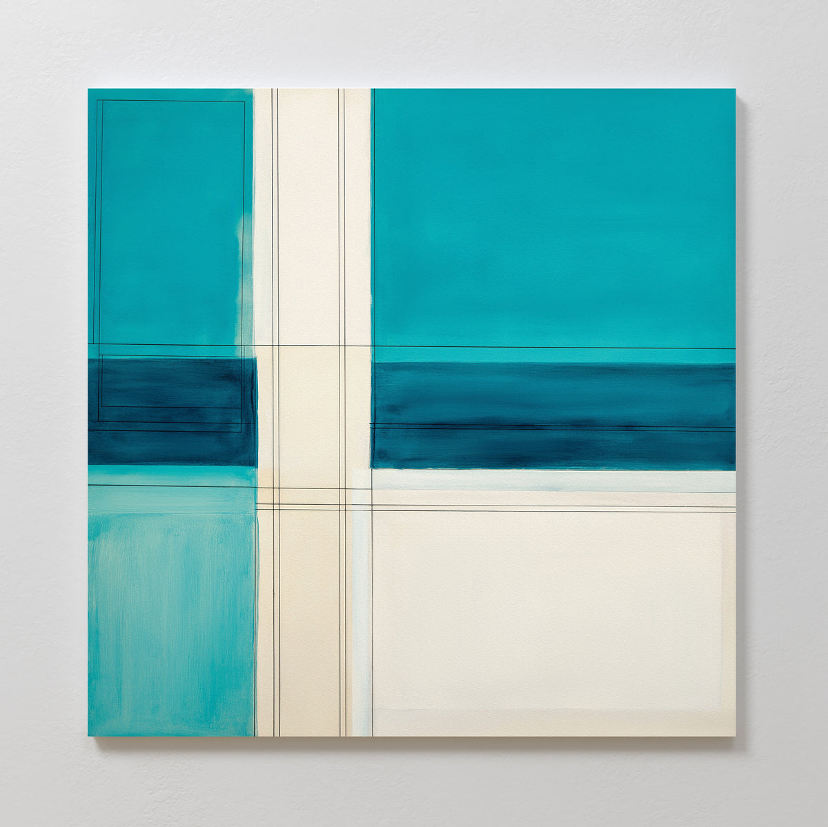 Turquoise Grid Canvas Art - Square features bold turquoise and cream rectangles intersected by thin black lines on a white background. This modern abstract print evokes calm and balance, ideal as contemporary wall decor.