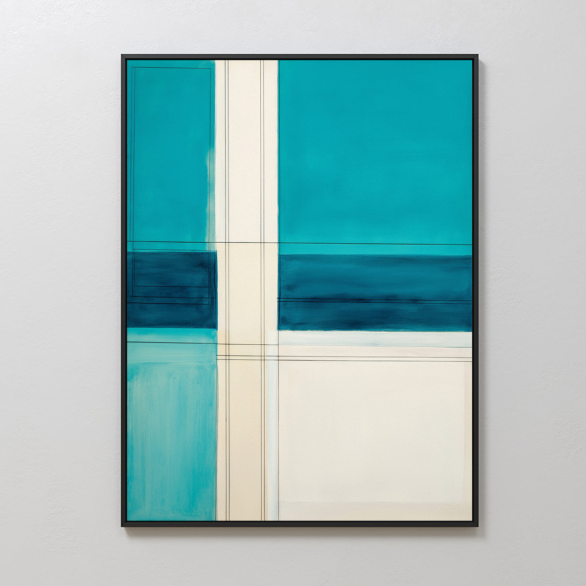 The Turquoise Grid Canvas Art - Vertical features intersecting beige lines with deep teal, turquoise, and off-white rectangles, framed in black and displayed on a plain light-colored wall for a modern geometric touch.