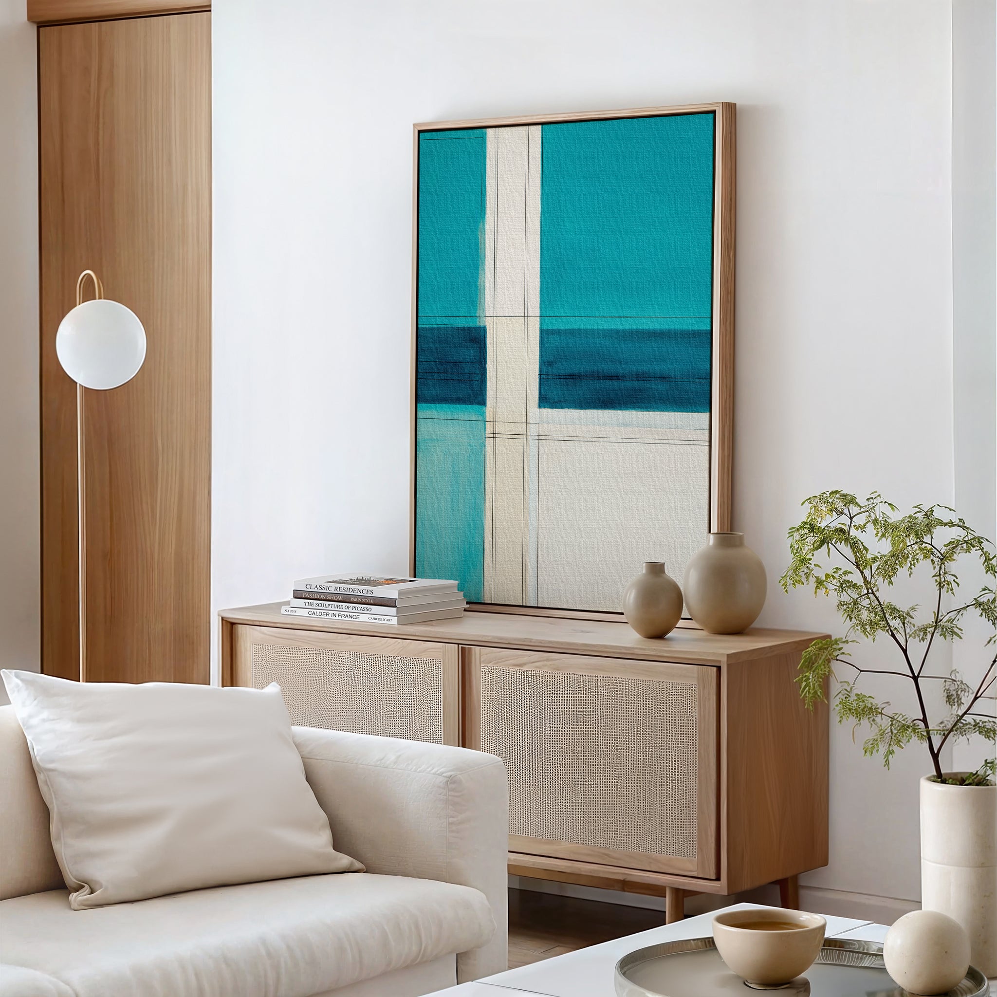 A modern living room with a light wood sideboard, Turquoise Grid Canvas Art - Vertical above it, ceramic vases, stacked books, white sofa and cushion, round lamp, and a small potted plant.