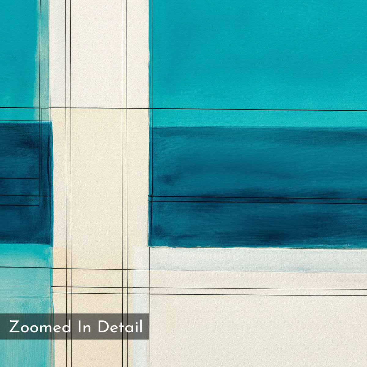 Turquoise Grid Canvas Art - Vertical: A contemporary abstract print with intersecting vertical and horizontal lines over blocks of teal, blue, cream, and white. Labeled "Zoomed In Detail" in a gray rectangle at the lower left corner.