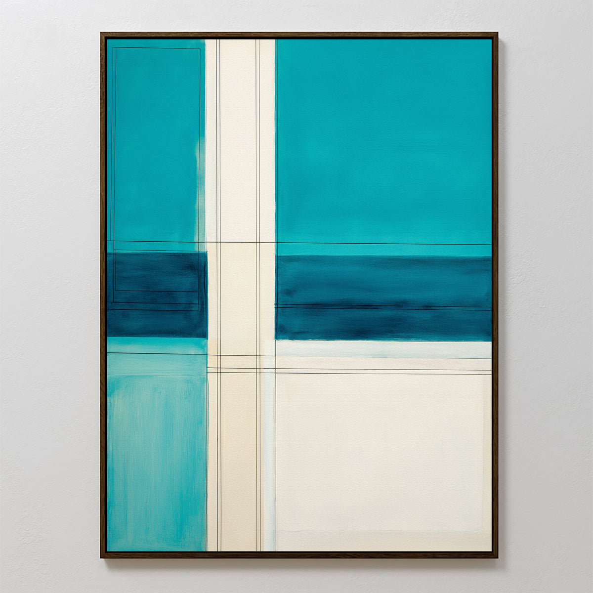 Turquoise Grid Canvas Art - Vertical features overlapping rectangles and lines in turquoise, navy blue, and cream. Bold geometric blocks make it ideal as wall art for modern decor, especially when framed in dark tones.