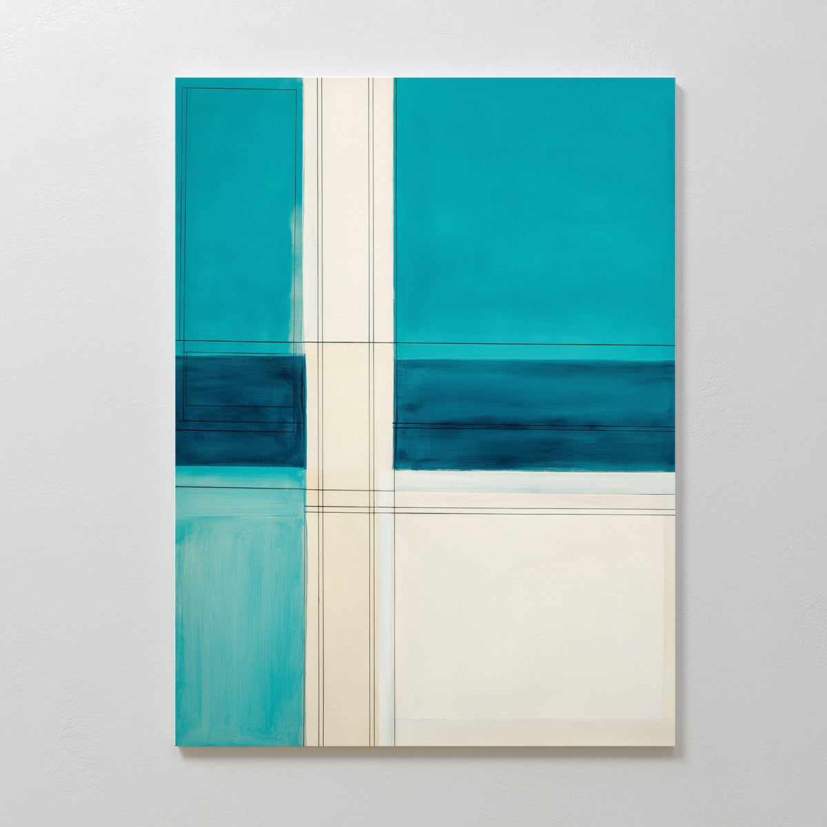 The Turquoise Grid Canvas Art - Vertical features geometric shapes in teal, blue, cream, and white with intersecting cream lines. This contemporary abstract print is ideal for modern geometric decor.