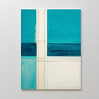 The Turquoise Grid Canvas Art - Vertical features geometric shapes in teal, blue, cream, and white with intersecting cream lines. This contemporary abstract print is ideal for modern geometric decor.