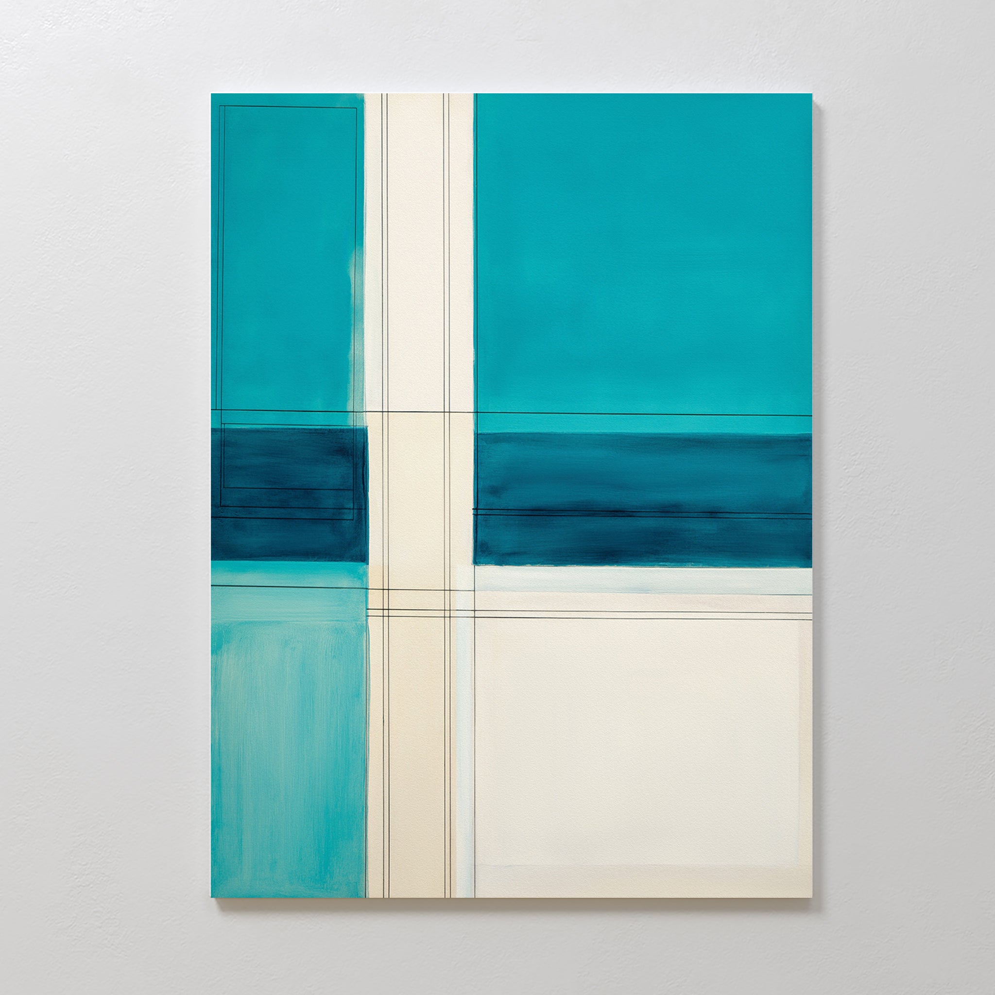 The Turquoise Grid Canvas Art - Vertical features geometric shapes in teal, blue, cream, and white with intersecting cream lines. This contemporary abstract print is ideal for modern geometric decor.