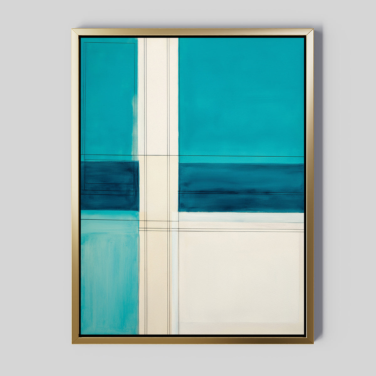 Turquoise Grid Canvas Art - Vertical: Abstract painting in a gold frame with bold turquoise, teal, and cream rectangles intersected by thin lines on a light gray background—perfect for modern geometric decor.