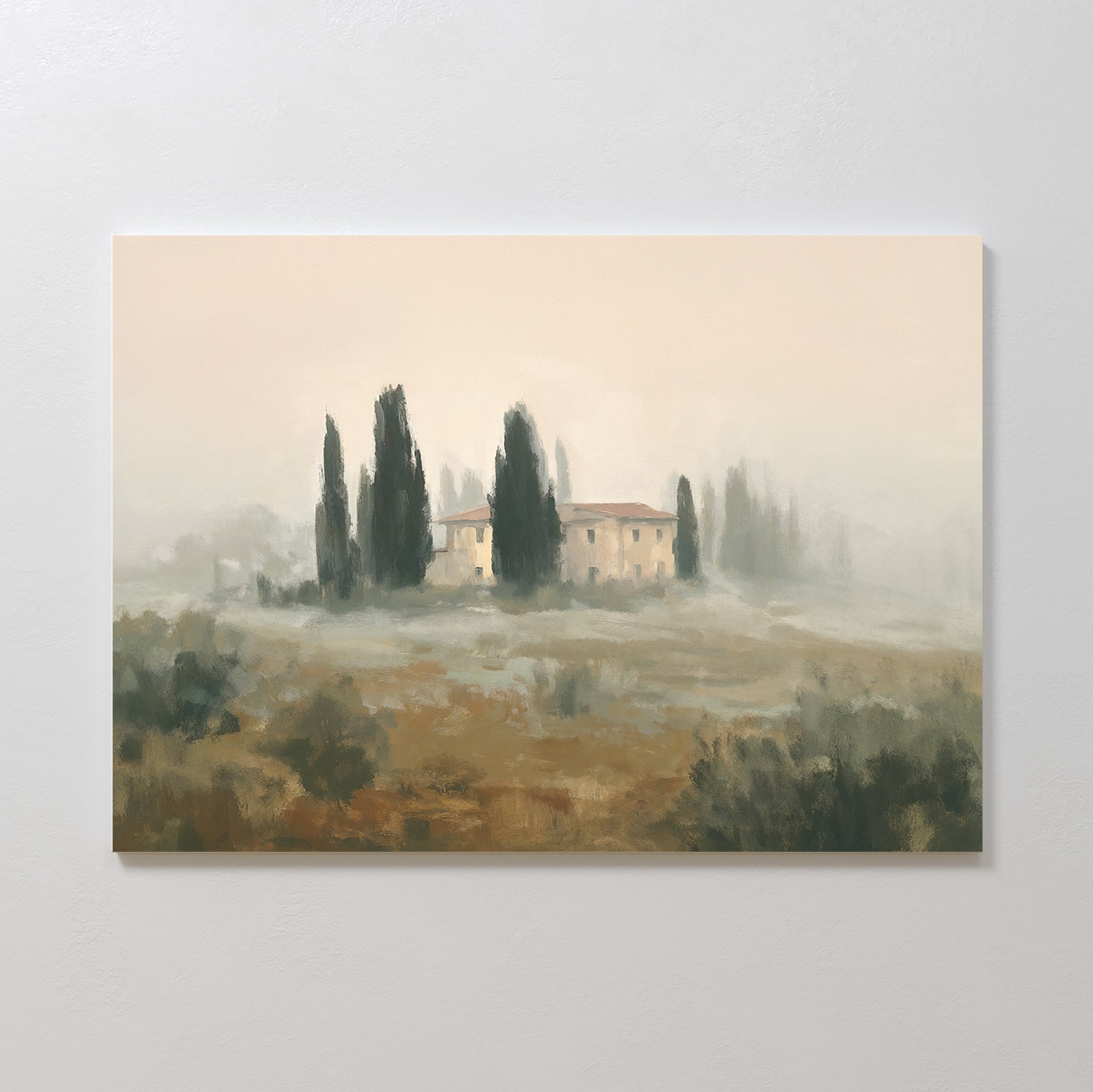 The Tuscan Veil Canvas Art - Horizontal features a countryside house amid tall trees in a misty, earthy-toned setting—ideal European wall decor for adding a serene, tranquil touch to your space.