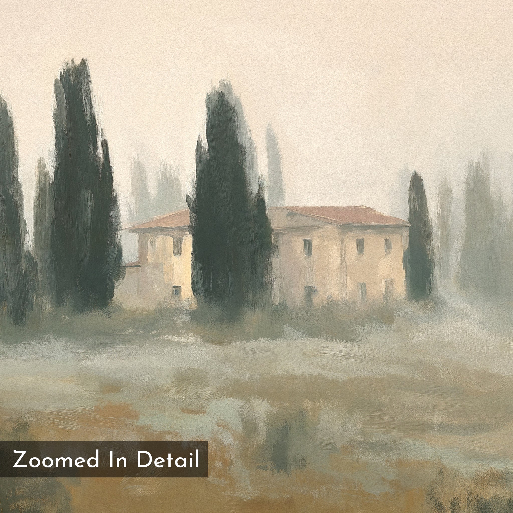 A soft, impressionistic painting of a beige house with a red roof and cypress trees in a foggy landscape. "Tuscan Veil Canvas Art - Horizontal" appears in the corner, perfect as Mediterranean landscape decor.