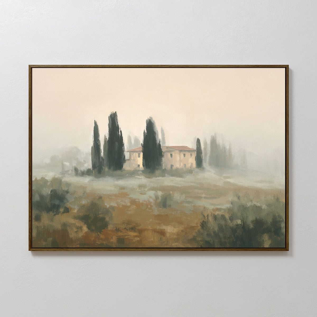 Tuscan Veil Canvas Art - Horizontal features a rustic house amid cypress trees in a misty, earthy-toned landscape, bringing serene Mediterranean decor and tranquil European charm to any room.