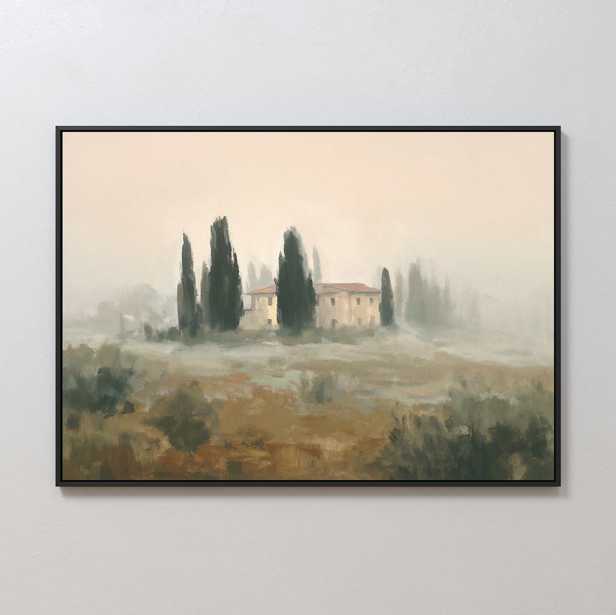 The Tuscan Veil Canvas Art - Horizontal features a rustic house among cypress trees in a misty landscape, bringing peaceful European charm and elegant wall decor to your space.