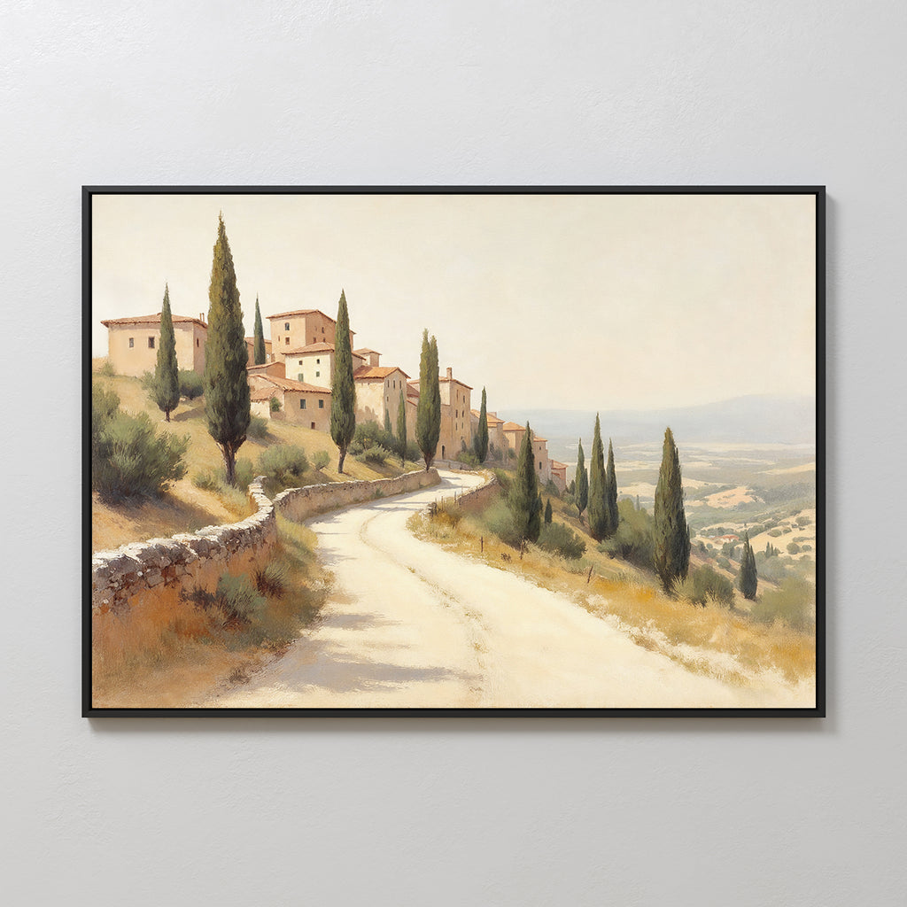 The Tuscan Village Canvas Art - Horizontal showcases a winding country road lined with cypress trees, leading to a hillside village under rolling hills and a soft, hazy Mediterranean sky.