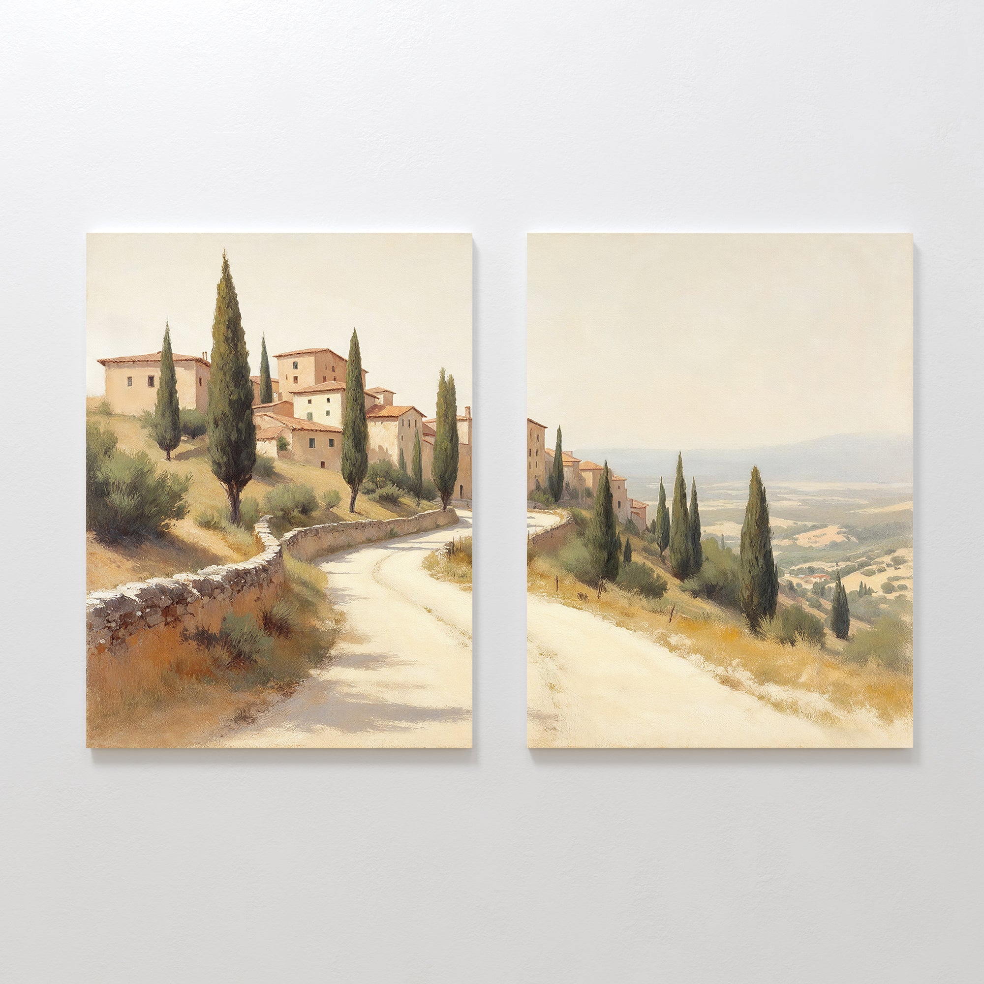 The Tuscan Village - Set of 2 canvas paintings portrays a winding road lined with cypress trees, rustic homes, and gentle hills beneath a serene sky, capturing the tranquil charm of a classic Tuscan landscape.