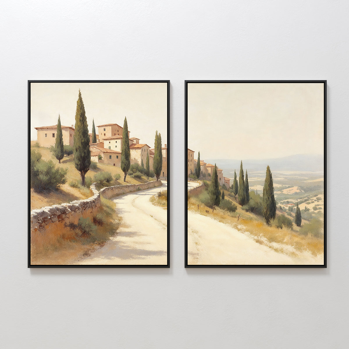 Tuscan Village - Set of 2 features framed art showcasing a winding road with cypress trees and rustic buildings, capturing a sunlit Tuscan landscape with distant mountains—perfect rustic wall decor for your home.