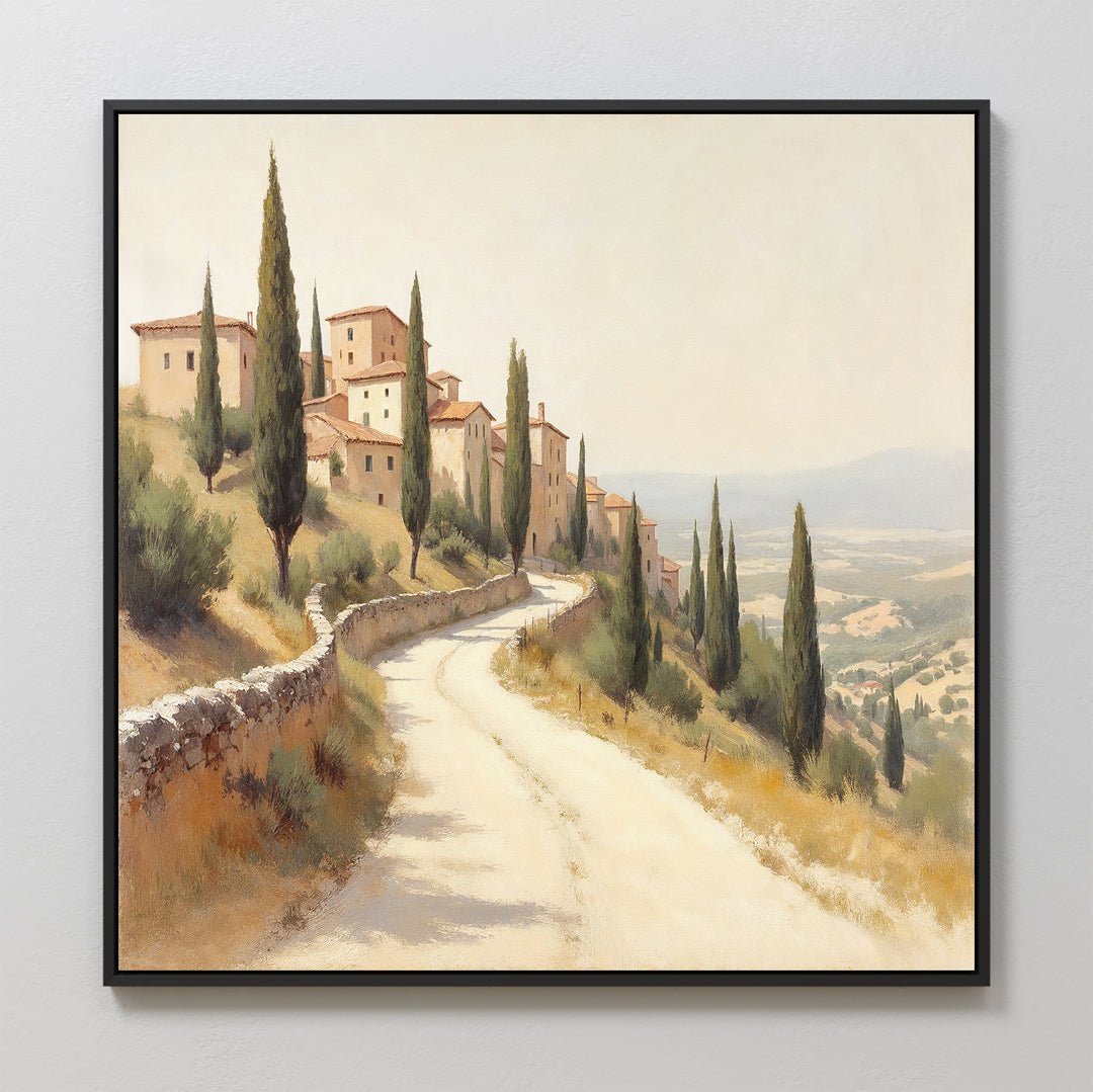 Elevate your space with the Tuscan Village Canvas Art - Square, featuring a winding country road with tall cypress trees leading to a hillside village under a hazy sky—perfect rustic wall decor for any room.