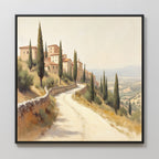 Elevate your space with the Tuscan Village Canvas Art - Square, featuring a winding country road with tall cypress trees leading to a hillside village under a hazy sky—perfect rustic wall decor for any room.