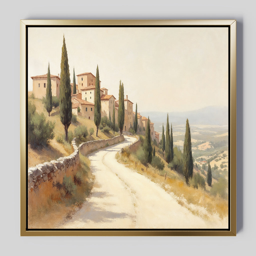 The Tuscan Village Canvas Art - Square features a framed painting of a sunlit road lined with cypress trees leading to terracotta-roofed buildings, capturing the rustic charm and scenic beauty of a rural Tuscan landscape.