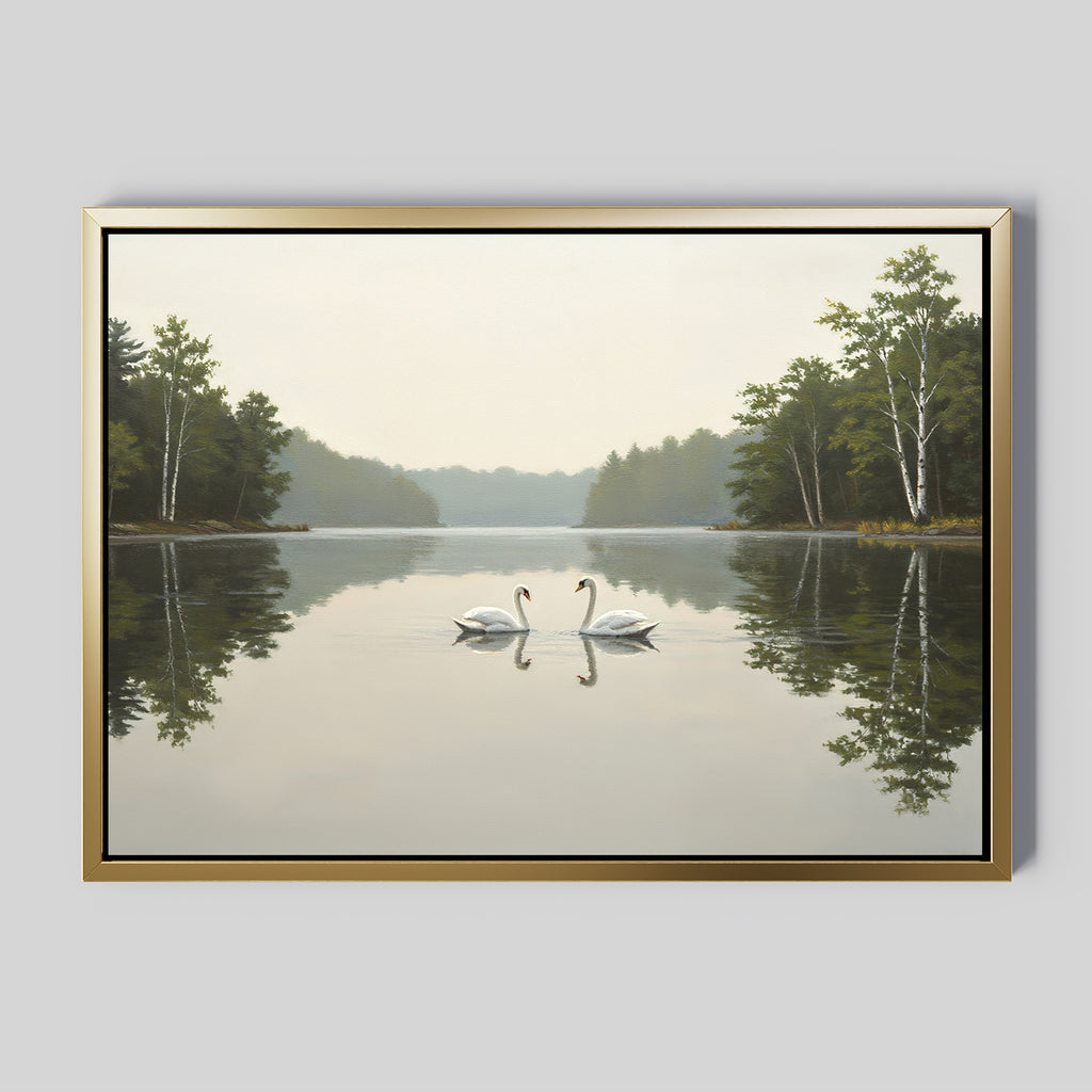 The Twin Swans Serenity Canvas Art - Horizontal captures two swans on a tranquil lake beneath a misty sky, ideal for peaceful swan prints or adding Nordic Park style to your decor.