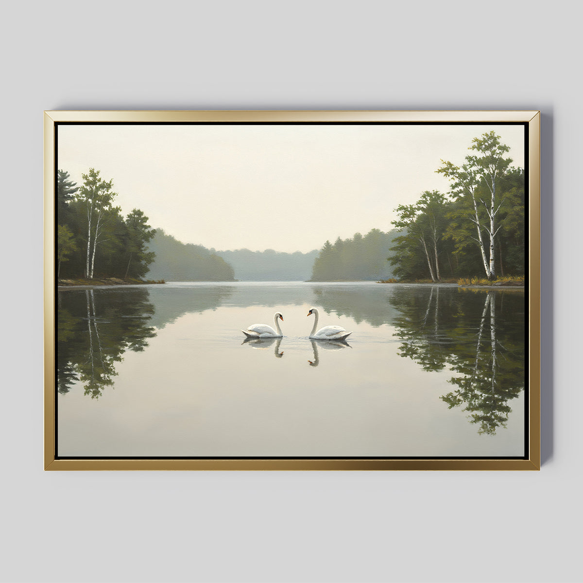 The Twin Swans Serenity Canvas Art - Horizontal captures two swans on a tranquil lake beneath a misty sky, ideal for peaceful swan prints or adding Nordic Park style to your decor.