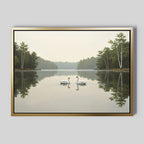 The Twin Swans Serenity Canvas Art - Horizontal captures two swans on a tranquil lake beneath a misty sky, ideal for peaceful swan prints or adding Nordic Park style to your decor.