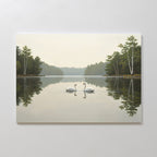 Capture tranquility with the Twin Swans Serenity Canvas Art - Horizontal, featuring two swans facing each other on a calm lake surrounded by trees—ideal serene wall decor for Nordic Park-inspired spaces.