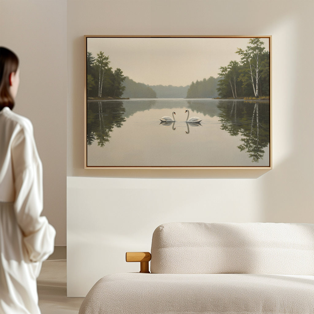 In a minimal bedroom, a person gazes at the Twin Swans Serenity Canvas Art—featuring two swans on a calm lake with trees—framed and hanging above a light-colored bed.
