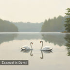 Two swans face each other on a calm lake, with shimmering reflections and misty trees behind. "Zoomed In Detail" appears in the lower left. Twin Swans Serenity Canvas Art - Horizontal is perfect for Nordic Park decor.