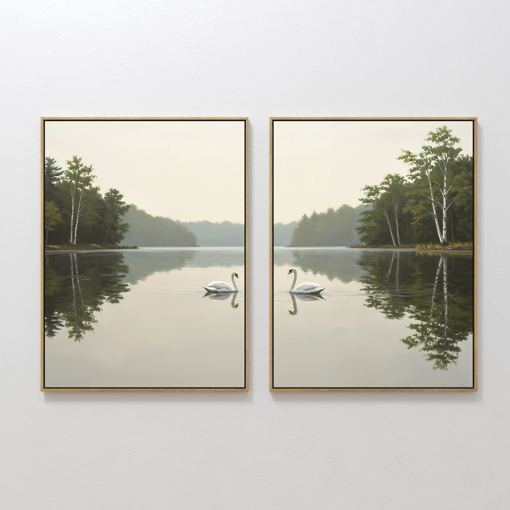 The "Twin Swans Serenity - Set of 2" features framed wall art prints of swans gliding on a tranquil lake amid trees and reflections, creating a peaceful, mirrored look—perfect for adding calm to Nordic-inspired home decor.
